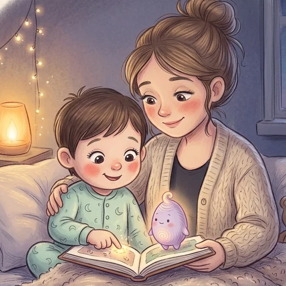 A mum and her child reading a Fingertales book together in a cozy bedroom