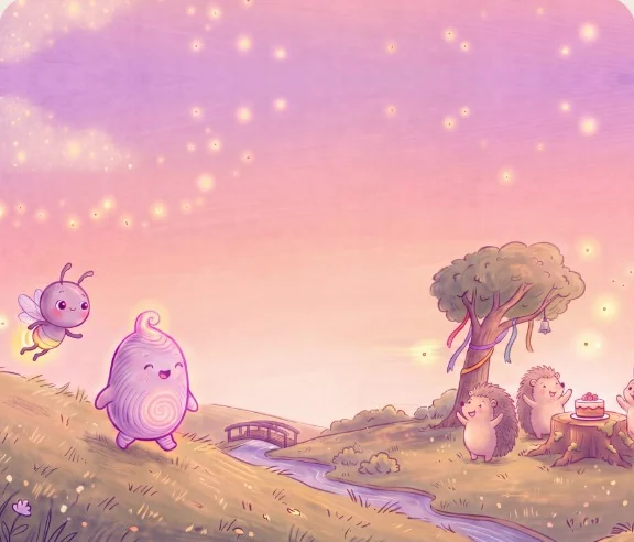 The Dream Keeper and Zip the firefly walking through Dream Land at dusk
